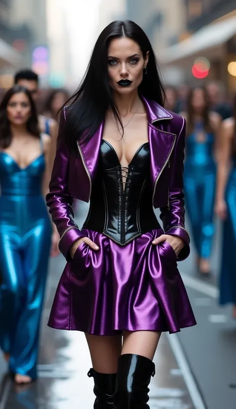 Angelina jolie, marier, latex, pétillant, coutume, métallique, métallique purple vinyl flared skirt, chemise en latex noir, corset de taille en latex noir, veste courte coutume latex violet metalique, corset en latex noir, black vinyl thigh boots, Straight...