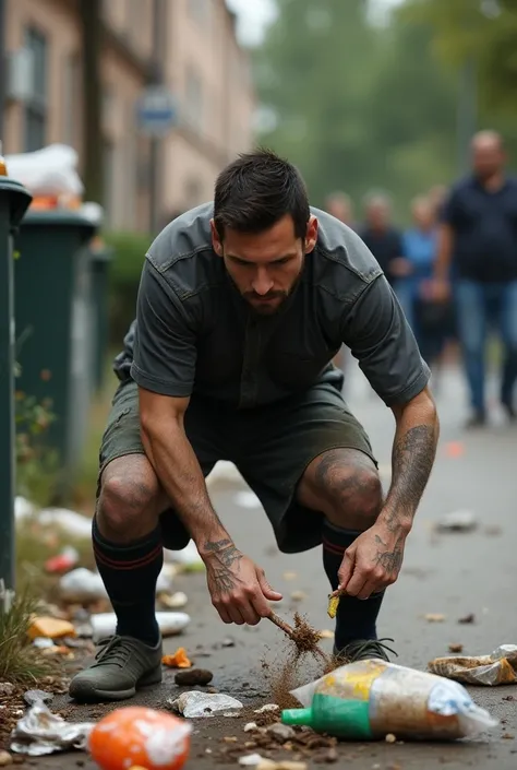 Messi wearing dirty clothes and picking up garbage