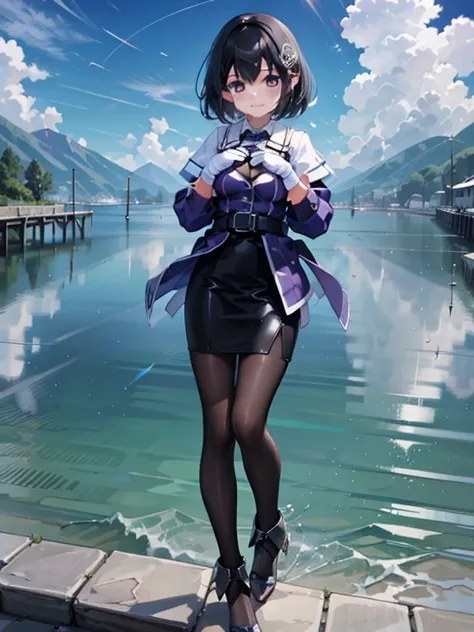 haguro \(kantai collection\),  short hair,  black hair ,  brown eyes ,  hair ornament, costume : uniform,  purple jacket,  black...