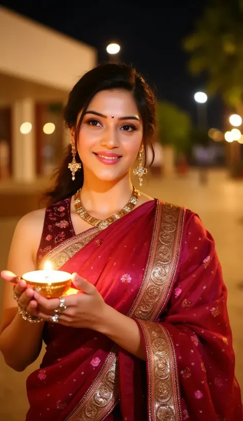 a close-up of a woman celebrating deepawali at night, sharply focused and extremely detailed. she is wearing a traditional india...