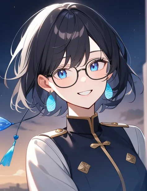 Black Hair、 short hair、Blue eyes、Uniform、I have a stray hair、Wear wind chime earrings、Glasses、Grinning、Mysterious atmosphere、 girl、solo, 