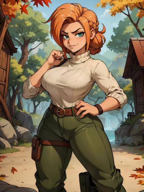 anime-cartoon style, anthro bandicoot girl redhead, braided hair, beautiful green eyes, sexy, seductive, warm sweater, camouflag...