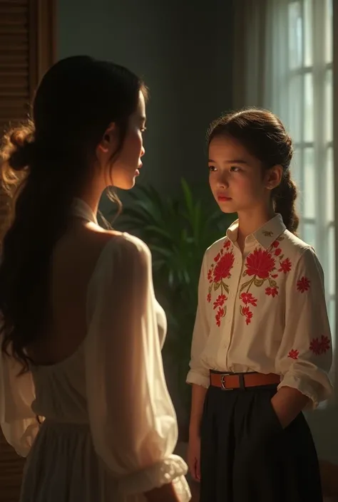A girl is sneaking a woman wearing a pale white lotus red blouse in the house.
