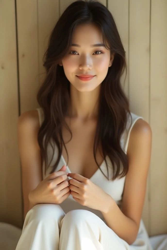  Poto 100k ultra HD realistic and very real details A woman with a soft smile,  long straight hair in dark brown , wearing sleeveless clothes in white.  She poses with circular hands in front of her chest ,  sitting in the atmosphere of a room with a light...