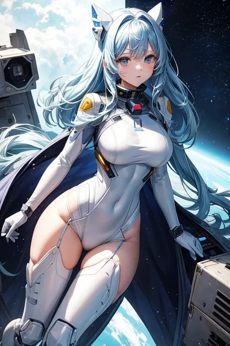 Sexy anime girl, in space suit armour white armour mechanical mask, blue hair,wide hips 