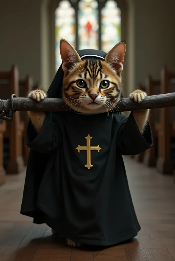 The cutest brown tiger pattern kitten in the world dressed as a nun is carrying an iron pipe on her shoulder、Realistic、Church Chapel、Nihilistic smile