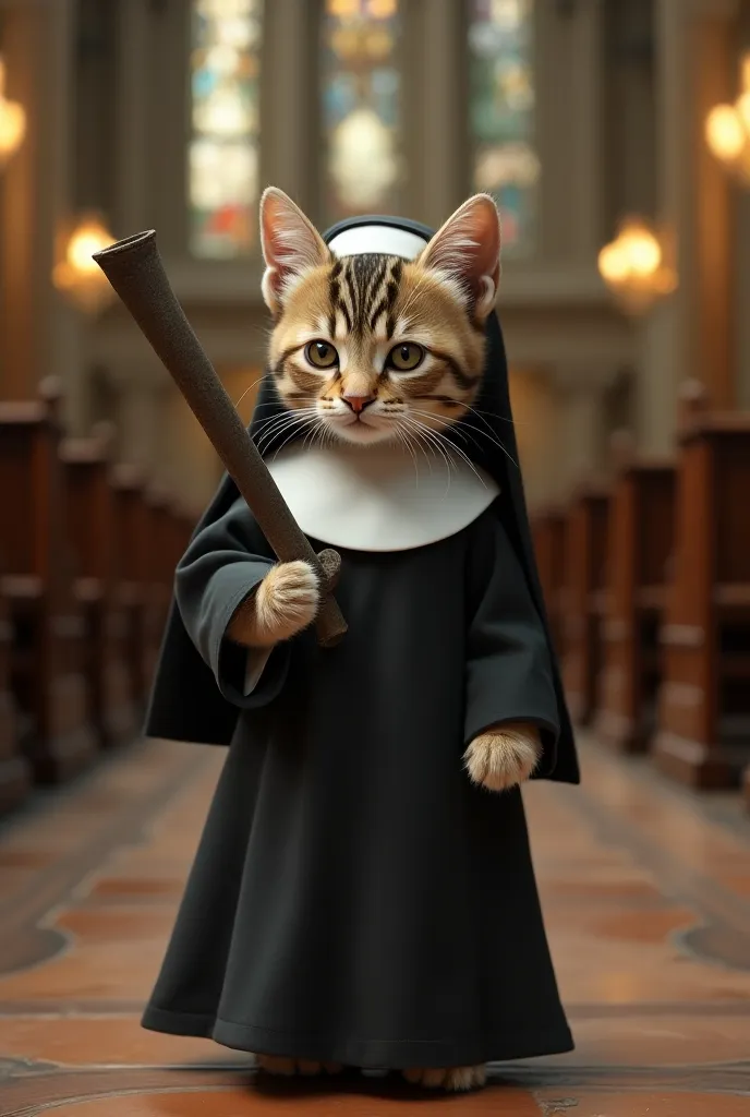 The cutest brown tiger pattern kitten in the world dressed as a nun is carrying an iron pipe on her right shoulder、Realistic、Church Chapel、