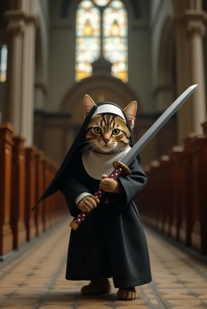 The cutest brown tiger pattern kitten in the world dressed as a nun is threatening by carrying a Japanese sword on her right shoulder、Realistic、Church Chapel、