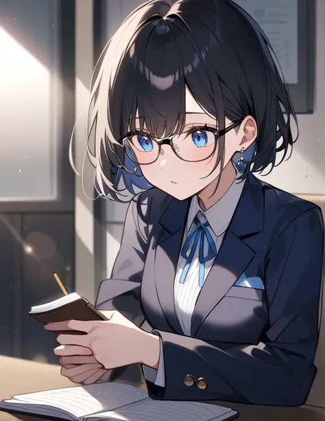 Black Hair、 short hair、Blue eyes、Blazer wear、I have a stray hair、Wear earrings 、Glasses、Mysterious atmosphere、 girl、solo,  and have a notebook