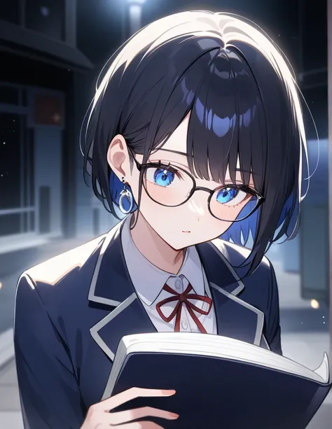 Black Hair、 short hair、Blue eyes、Blazer wear、I have a stray hair、Wear earrings 、Glasses、Mysterious atmosphere、 girl、solo,  and have a notebook