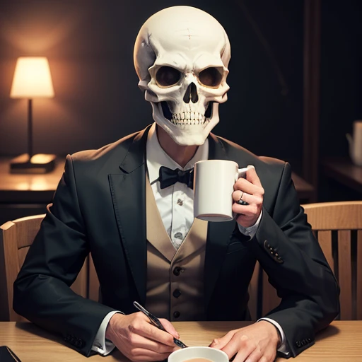 The skeleton in the suit holds the mug