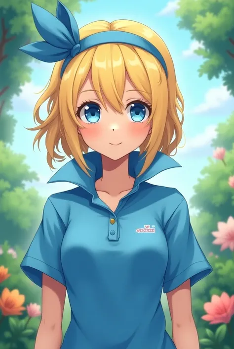 Cute Blonde Anime Maria Robotnik with blue eyes wearing a blue headband and wearing a Massive Blue Popped Collar Polo with her collar fully popped up