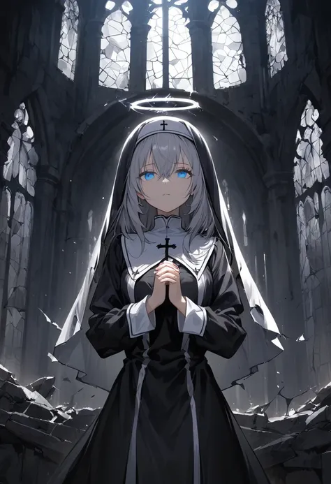 illustration, best quality, 1girl, silver hair, bright light blue eyes, wearing black nun outfit with veil, praying with hands c...