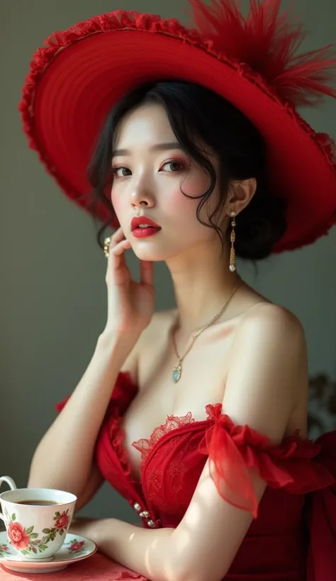 Woman posing in red hat and dress, gorgeous Japanese model, beautiful woman, delicate and lovely face, coffee cap decorated with flowers,
Beautiful feminine face, beautiful delicate face, very beautiful face, Victorian style, fascinating cleavage,