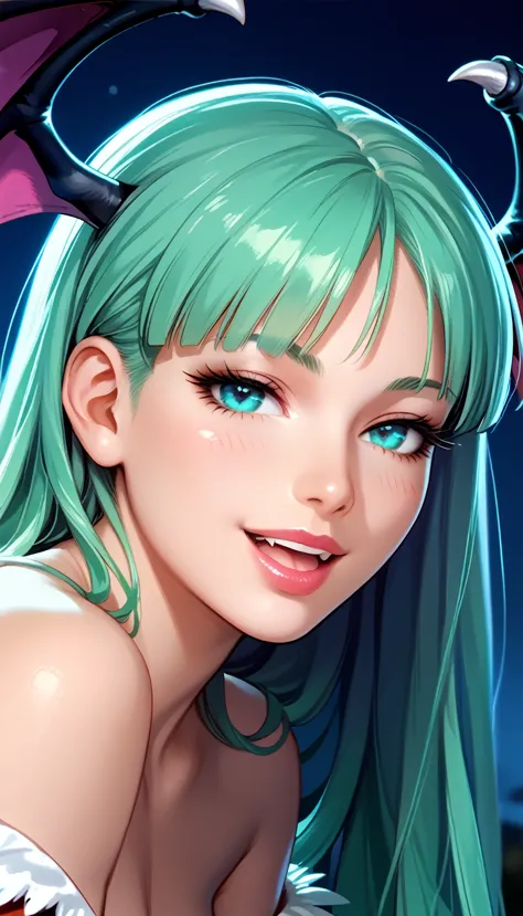 (((Erotic NSFW))),(Official Art),(masterpiece),( write beautifully and in detail),Beautiful and mature woman,Morrigan Aensland,Blue Eyes,Green Hair,smile, pink nipples,Open your mouth,Erotic blowjob,Close-up of face,front, bedroom next to my husband