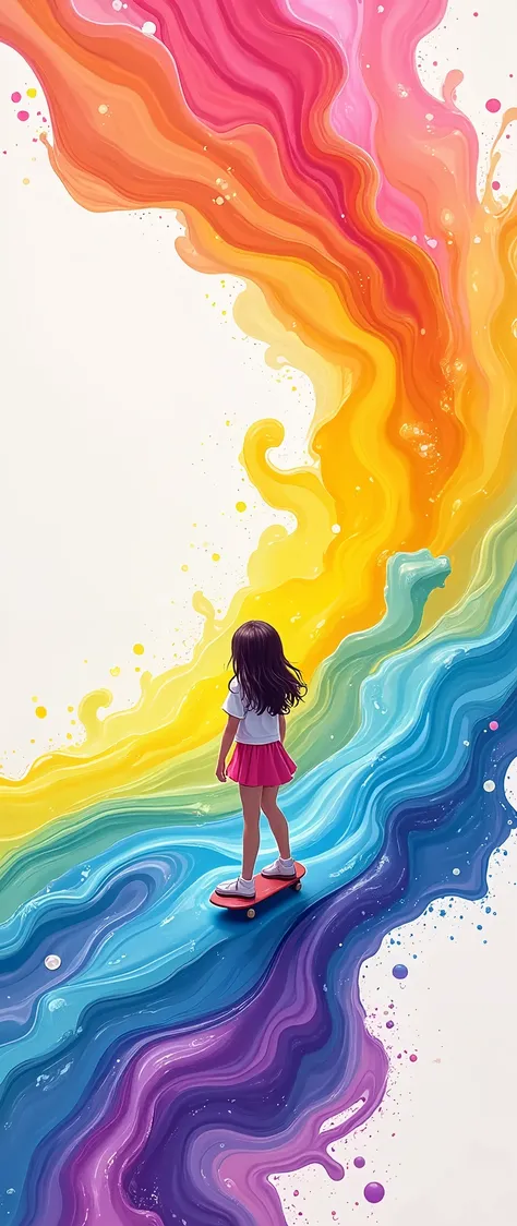 (masterpiece:1.2,Best Quality,Mirror finish, Cinematic Experience ,super detailed),( best illustration),3D Animation, little character,A girl on a skateboard is sliding through a rainbow composed of ink,Rear view,Ink splash,Pastel colored sky