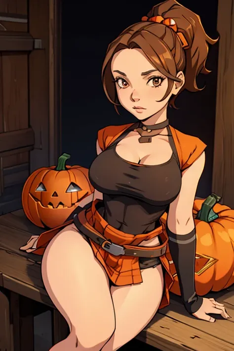 jo-beth, beautiful girl sitting on a helloween pumpkin, wearing short revealing  dress, anime art style, brown hair, round breas...