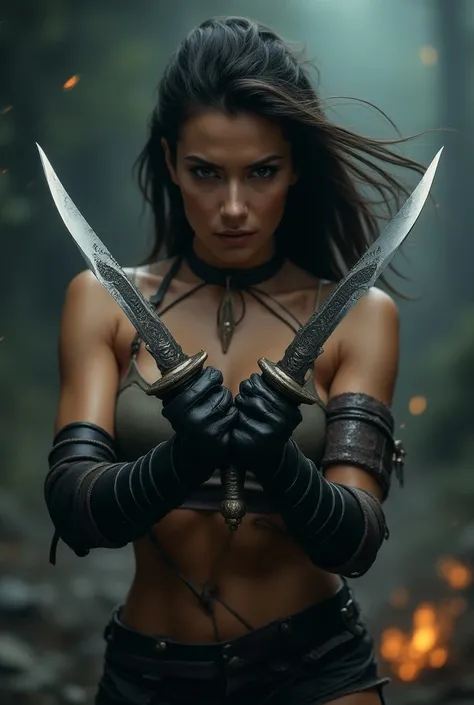 Sexy girl with two leather-armoured daggers