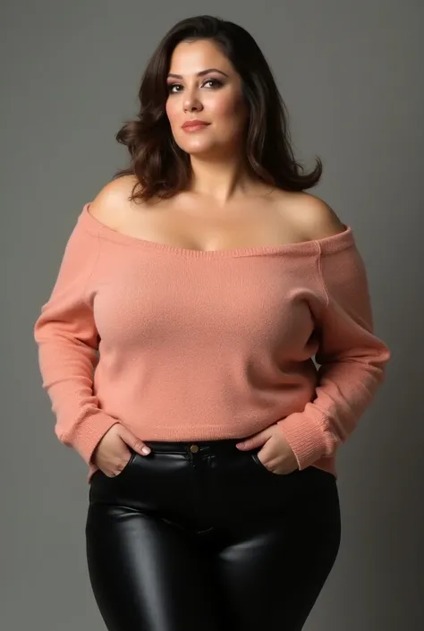 A hot polish mom, peach pink wool sweater with exposed shoulders, big breasts, black leggings