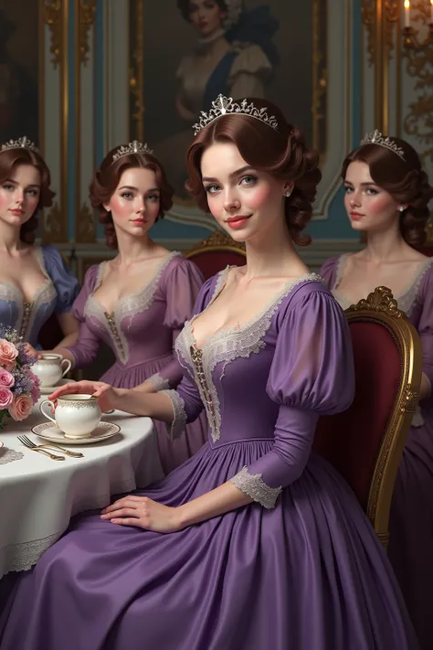 Brown Haired Woman , violet eyes, Purple dress,  Victorian dress , Copyright Fees, noble, Drinking tea with women