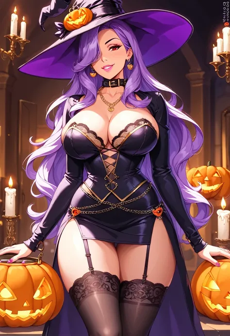 score_9, score_8, score_7, source_  animated, 1mature_FE, dominatriz, piel Blanca,  flirty look, smile, pink lip, black dog collar,  elegant gold chain necklace ,  Halloween costume, Big witch hat, black cloth skirt,  black shirt with orange lace , purple ...