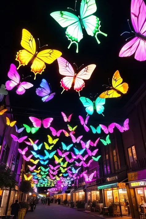 Translucent colorful butterflies 々is flying。 shining like neon 。 The surroundings are also dyed in neon colors