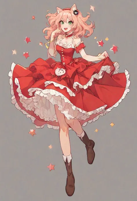 a cartoon girl in a red dress and brown boots posing, amy rose red dress, dressed in a pink dress, inspired by Tsuruko Yamazaki, inspired by Taiyō Matsumoto, marin kitagawa fanart, wearing a pink dress, !!full body portrait!!, junko enoshima from danganron...