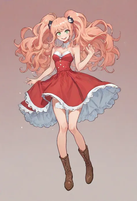 a cartoon girl in a red dress and brown boots posing, amy rose red dress, dressed in a pink dress, inspired by Tsuruko Yamazaki, inspired by Taiyō Matsumoto, marin kitagawa fanart, wearing a pink dress, !!full body portrait!!, junko enoshima from danganron...