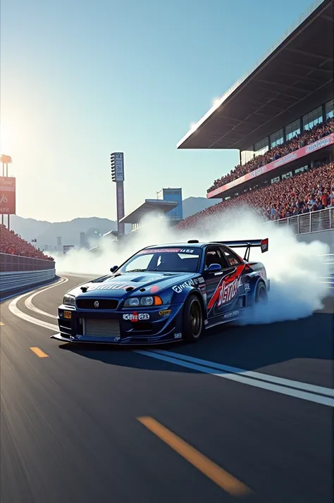 Generate a hyper-realistic image a drift car drifting around the race track where the audience are cheering the driver 