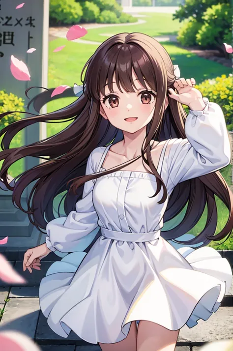 1girl, solo, hondatohru, white dress, dress, park, collarbone, long sleeves, clear sky, flower, flowers, petals, smile,