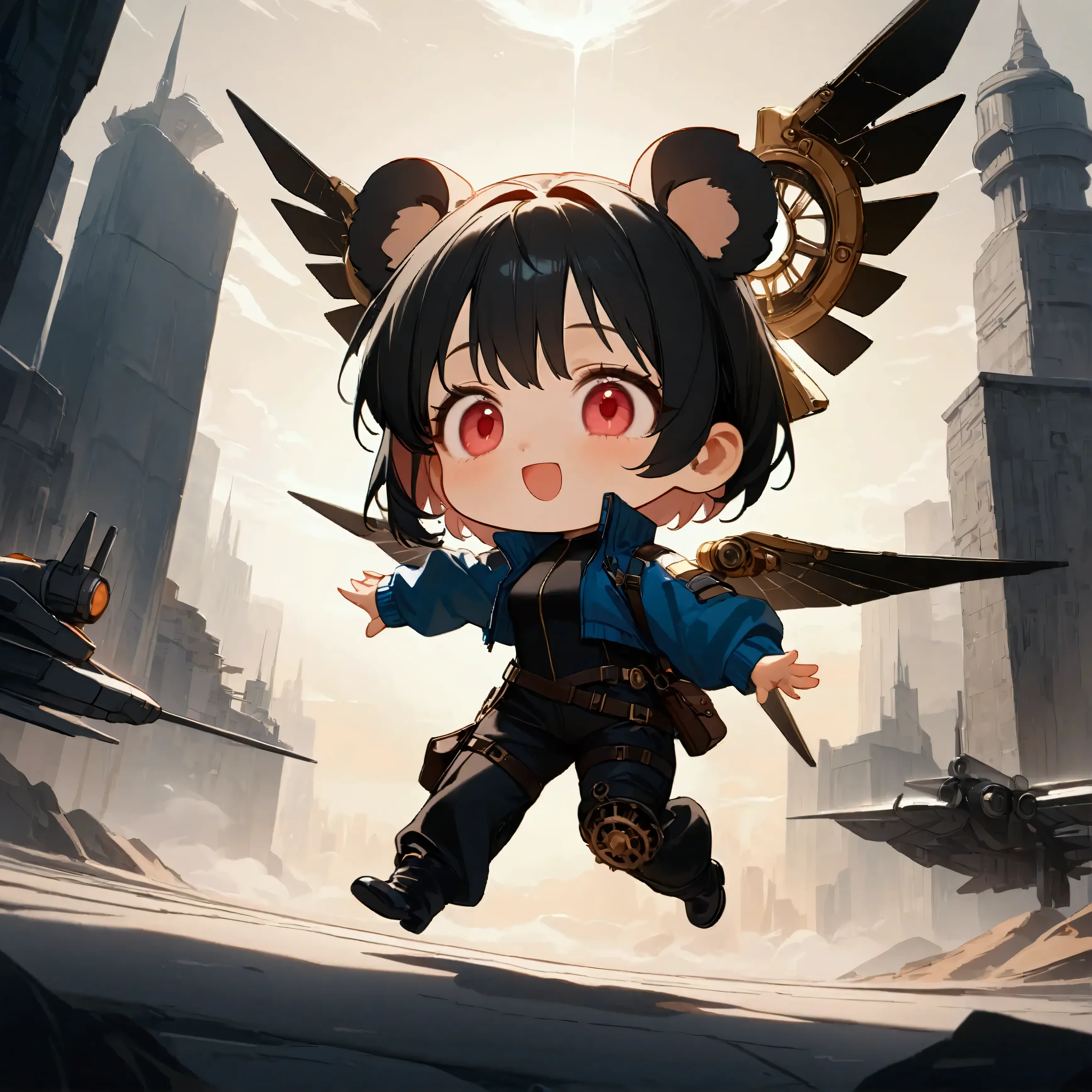 1girl\(big smile,cute,(chibi:1.4),big eyes,ruby eyes,(small koala ears),hair\(short hair,black hair, inner colored blue\),(big w...