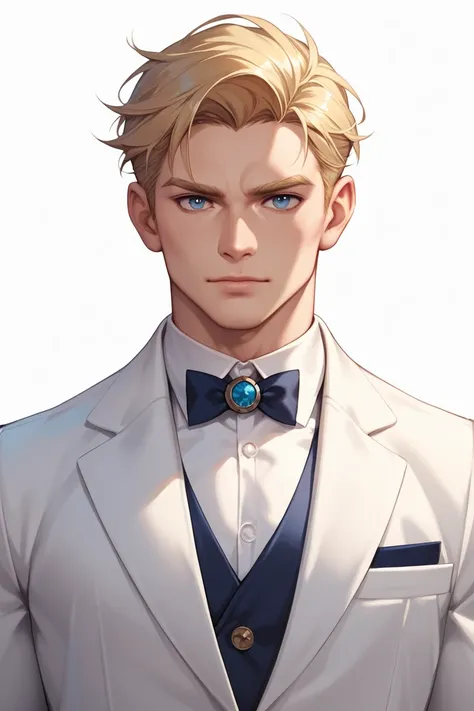 handsome duke, blonde hair, full upper body, front view, white flat background, upper body, masterpiece, best quality, very aesthetic, absurdres, muscular, male, in a white suit