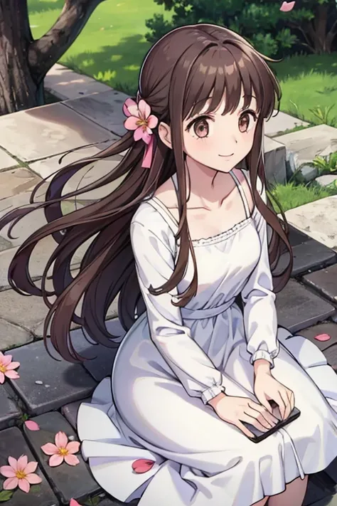 1girl, solo, hondatohru, white dress, dress, park, collarbone, long sleeves, clear sky, flower, flowers, petals, smile,