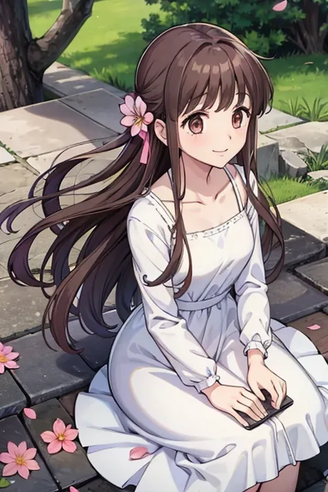 1girl, solo, hondatohru, white dress, dress, park, collarbone, long sleeves, clear sky, flower, flowers, petals, smile,