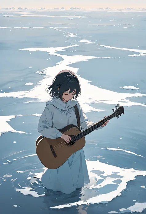 A young girl stands on a frozen lake, surrounded by snow and ice. A whale can be seen in the distance, swimming in the icy waters. The girl is holding a musical instrument, and appears to be playing a tune. The overall mood is peaceful and serene