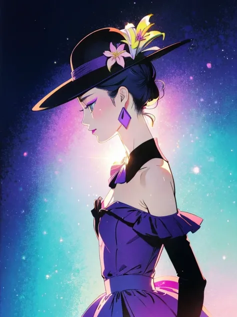 by Ichiro Tsuruta, Flat illustration, a beautiful woman, stylish illustration, 2D, sharp facial features, blue-gray eyes, slender eyes, purple Wide-brimmed actress hat, makeup, lipstick, light smile, (Chignon:1.2), pink and purple off-the-shoulder dress, j...