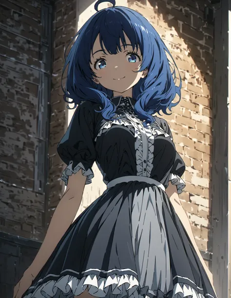 yanamianna, medium hair, ahoge,blue hair,blue eyes, medium breasts, smile, enjoyed pose, dress, frilled dress, black dress, gothic dress, skirt, lift up skirt, looking down, looking viewer, looking viewer, full-body shot, best quality, high quality, ultra-...