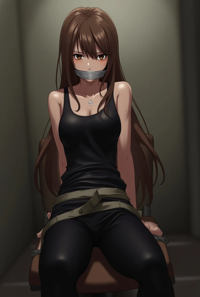 (Anime) woman, brown eyes, tape gagged, sat on chair, arms behind back, roped tied up wrist together behind back, black leggings, black sleeveless shirt, anime picture, napped, 1girl, small Breasts, brown long hair, struggling, arms behind back,