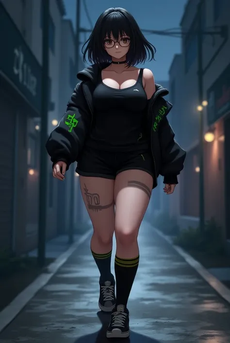  short hair,(Her eyes are covered by her long bangs:1.6),Black Hair, yellow green mesh ,Her eyes are covered by her long bangs,beautiful girl,Sexy woman , looks like a dark character ,Busty,Big Ass,Thick thighs,Plump body, moderately fleshy body , black sh...