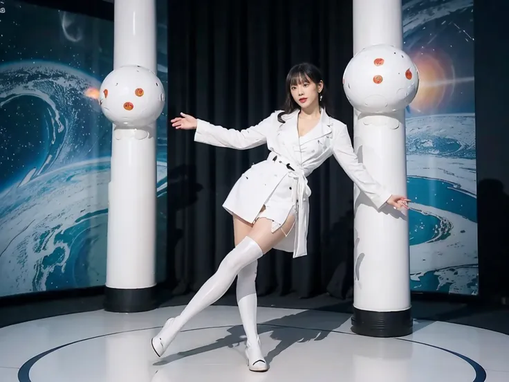  Full View Full View Full Camera Chinese girl wearing a white chest tights with the typhoon logo，Backpack White Long Robe ,  Two Hands Wearing Genuine Leather White Long Gloves Two Feet Wearing White Patent Leather Over the Knee Boots ,Super heroine, Natur...