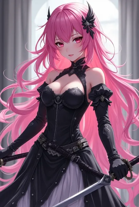 Create a pink-haired anime character ,  wearing black and white armor with a sword and wearing a very beautiful full-body dress