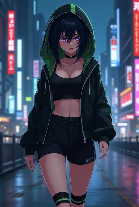  short hair,(hair over eye:1.3),Black Hair, yellow green mesh ,Her eyes are covered by her long bangs,beautiful girl,Sexy woman , looks like a dark character ,Busty,Big Ass,Thick thighs,Plump body, moderately fleshy body , black short tank top , hooded jac...