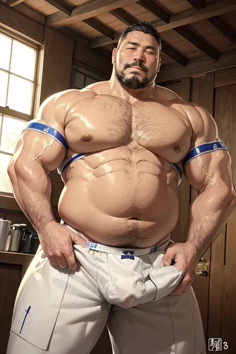 A chubby musclebear Japanese man, (55 years-old daddy muscle bears, 7 daddy:1.1), 1 man, Solo, wearing a white sexy fundoshi, (realistic:1.4), Super huge genital bulging area like a basketball size, super very short grey hair near shaved head, Very short g...