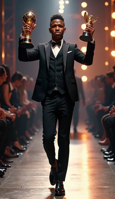 a Vinicius Junior from Real Madrid wearing the most beautiful black suit in the world, lifting the 9th Ballon dOr, walking on a haute couture catwalk with lots of people, elegant pose, expression of happiness and laughing casually, studio lighting, 8k, bes...