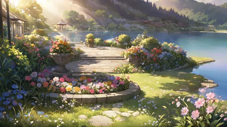 garden, well lit, with lots of flowers, with lake, without people, day time