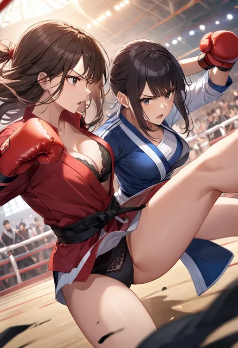 (((masterpiece))), Best Quality,  Ultra High Definition CG Unity 8K Wallpaper,女性martial arts家,  delivers powerful punches、Fighting hard,martial arts,  dynamic,The two are fighting,intense,anger, Uniform, Tattered Clothes ,Open clothes,  bras, panties ,Aren...