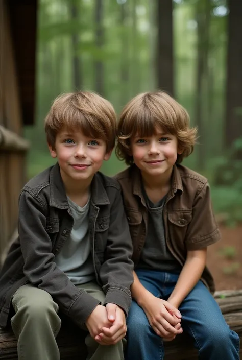 35mm realistic film photography of people, blonde male two  Boys brothers, both 11-years old, with bowl haircuts, and medium-length brown hair,, light eyes, brown hair, sitti down on cabin, in The forest .