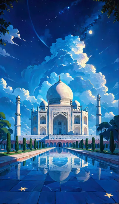 Here’s a prompt to create a similar anime-style illustration:

"An enchanting anime-style illustration of the Taj Mahal under a starry night sky. The iconic marble structure is bathed in soft moonlight, casting a serene glow on its white domes and intricat...