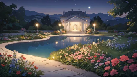 garden, well lit, with lots of flowers, with lake, without people, night time, wide view, with a white mansion at a far corner