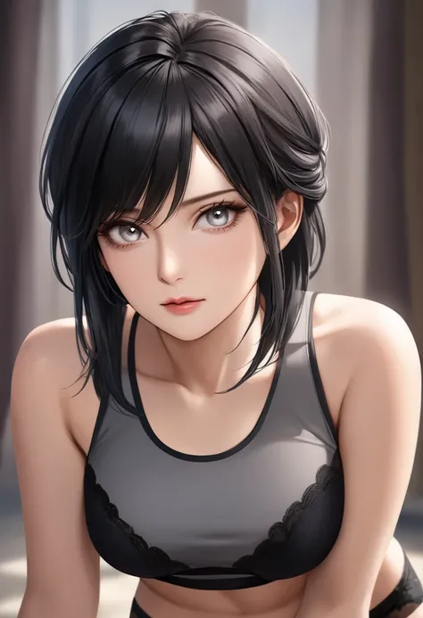 ((Realistic Face,  Fascinating , Mature, White Eyes)), (Grey crop top,  Black Underwear, Short closing ), ( Long Black Hair ), (20 years), ( 1 girl), (4K Style)),Alluring